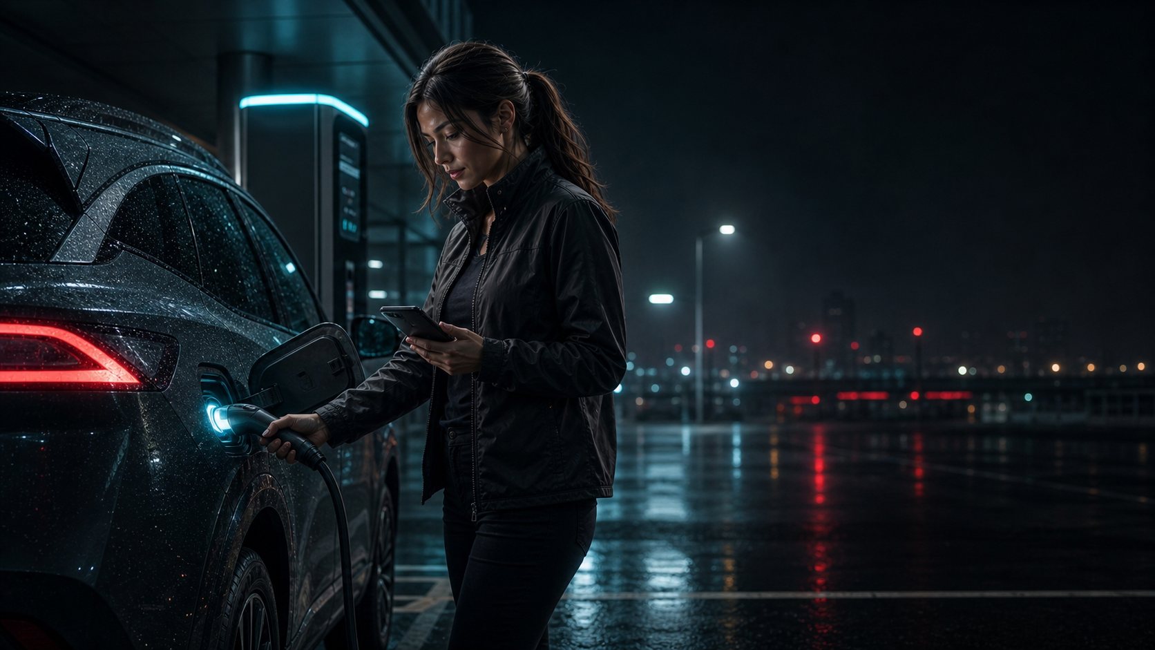 Зарядка электрического Nissan ночью